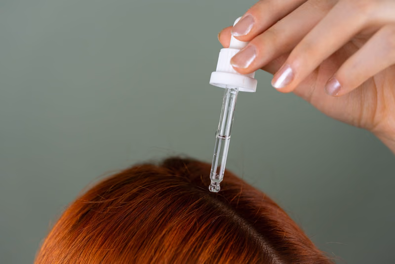 Treatment being applied to copper hair, close-up