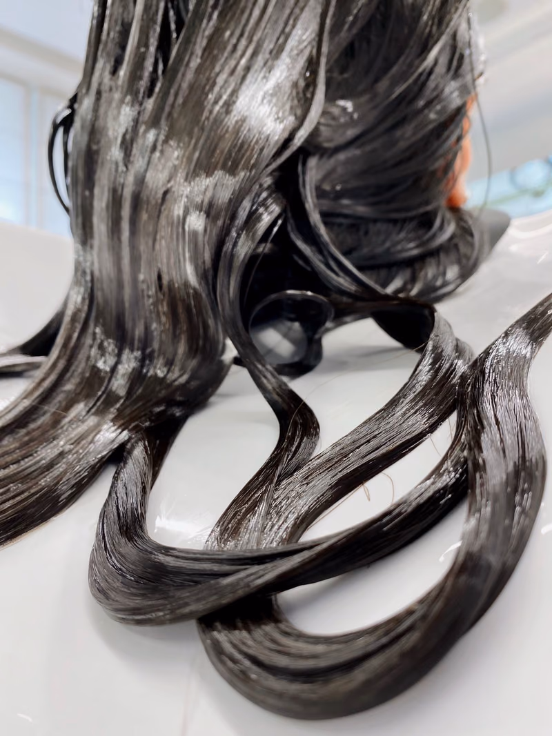 Glossy dark hair color being applied