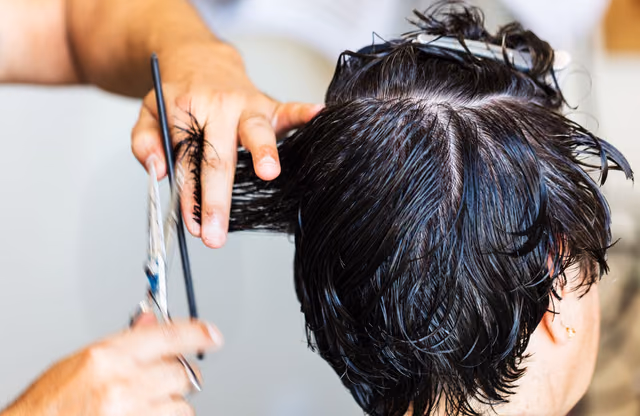 Scissors sectioning wet dark hair